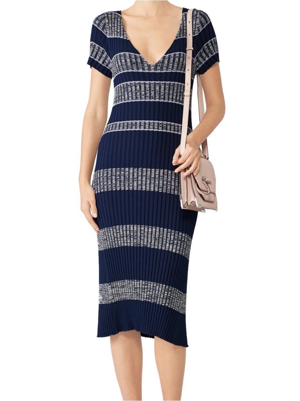 Becken Striped Navy and Gray V-Neck Midi Dress